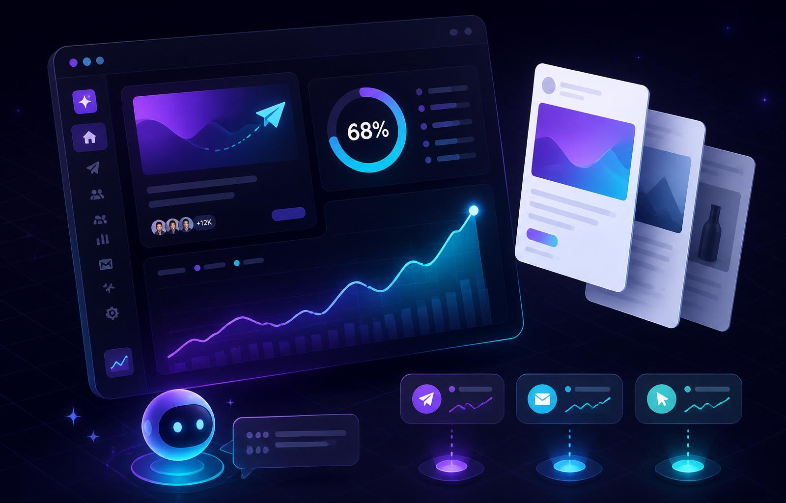 AI MailFlow dashboard preview showing live analytics, progress ring and email cards